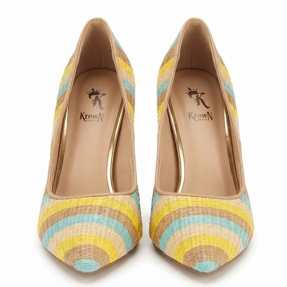 Krown Couture Woven Striped Pointed Toe Pumps Yellow Teal Gold Heels Size 7